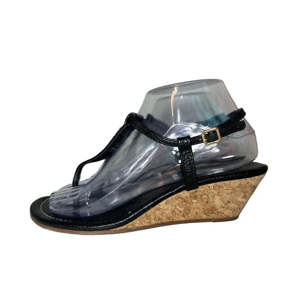 Tory Burch SIZE 7.5 Britton Black Leather Thong Wedge Sandals Cork Heels Logo
